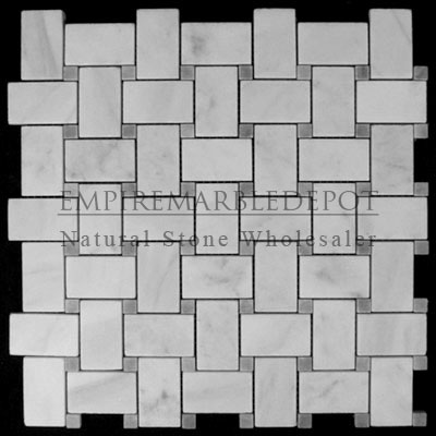 Carrara Marble Italian White Bianco Carrera Basketweave Mosaic Tile with Bardiglio Gray Dots Polished Carrara Marble Italian White Bianco Carrera Basketweave Mosaic Tile with Bardiglio Gray Dots Polished