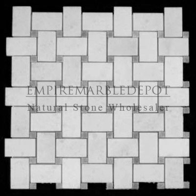 Statuary Crystal Marble Italian White Statuario Basketweave Mosaic Tile with Bardiglio Gray Dots Polished Statuary Crystal Marble Italian White Statuario Basketweave Mosaic Tile with Bardiglio Gray Dots Polished